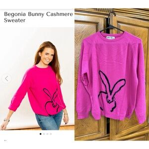 Hunt Slonem Fuchsia Cashmere Sweater, Size S, Bunny Sweater, Hot Pink, Black